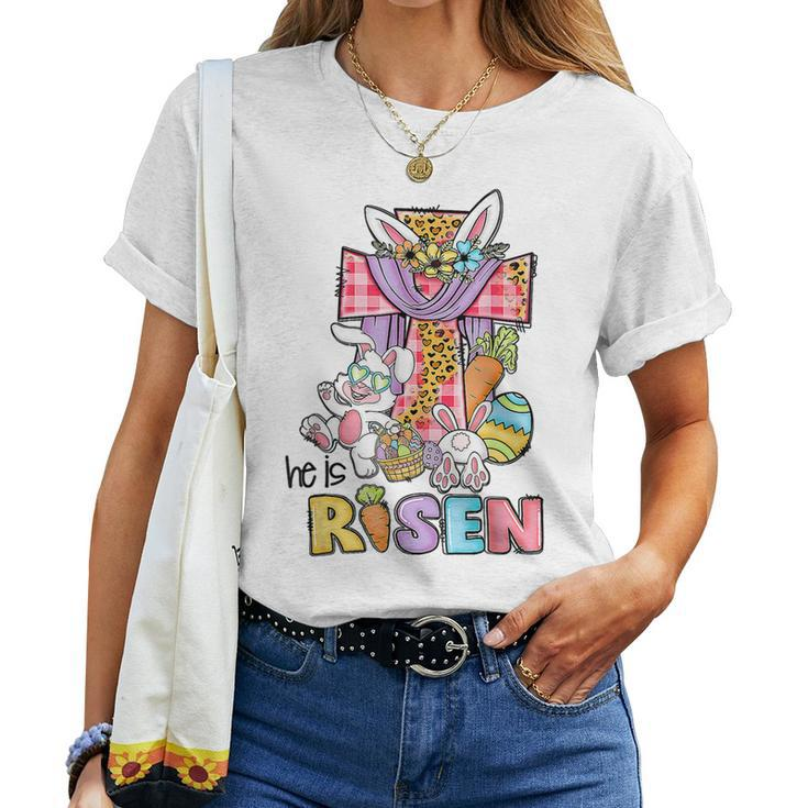 He Is Risen Floral Cross Cute Bunny Eggs Happy Easter Day Women T-shirt