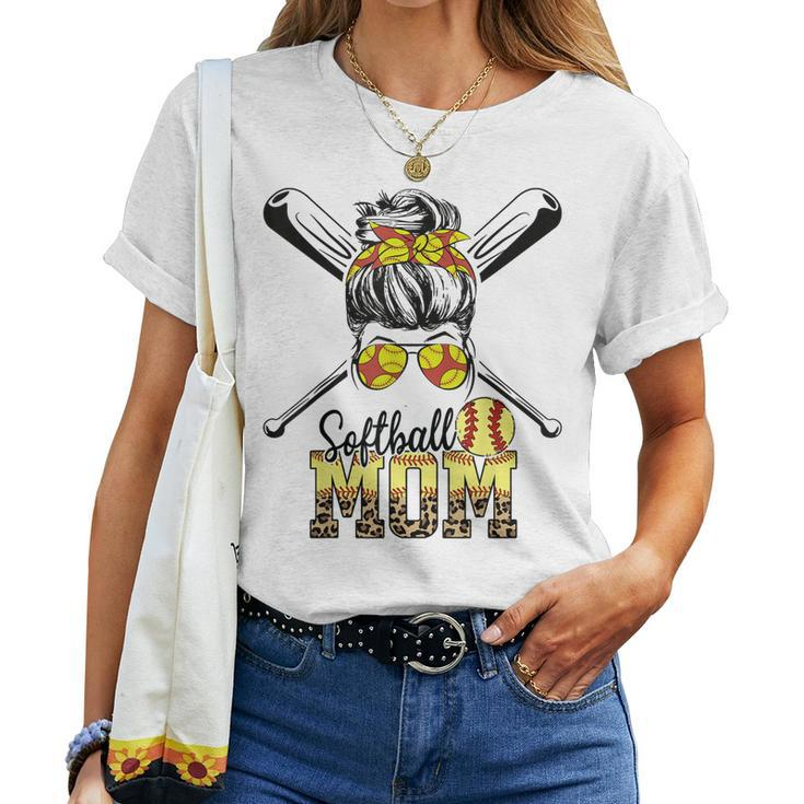 Softball Mom Messy Bun Leopard Softball 2023 Women T-shirt