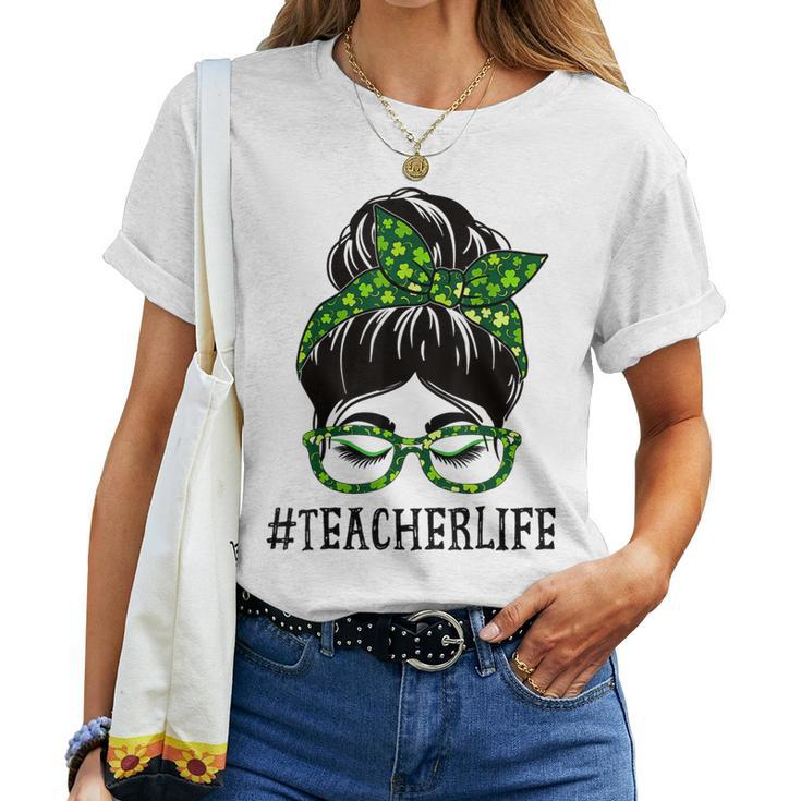 Teacher Women Messy Bun St Patricks Day Shamrock Women T-shirt