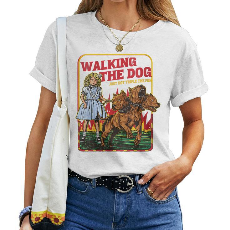 Womens Three Headed Dog Walking The Dog Just Got Triple The Fun Women T-shirt