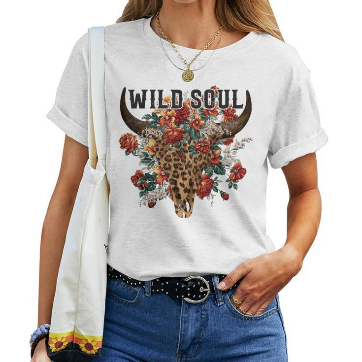 Wild Soul Leopard Cow Skull Bull Skull Flower Western Lover Women T-shirt