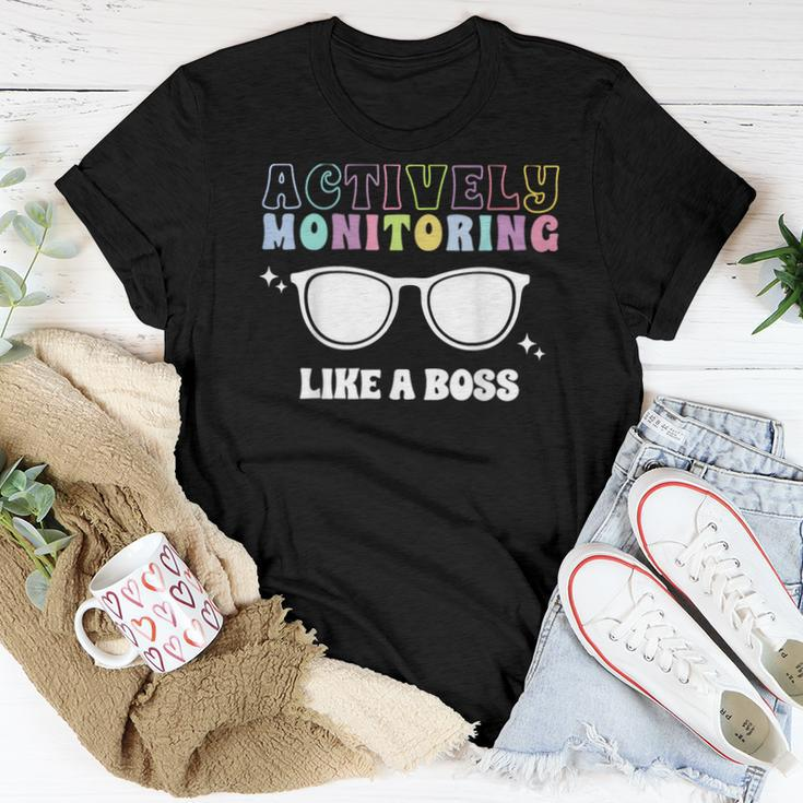 Actively Monitoring Like A Boss Testing Day Funny Teacher Women Crewneck Short T-shirt Personalized Gifts