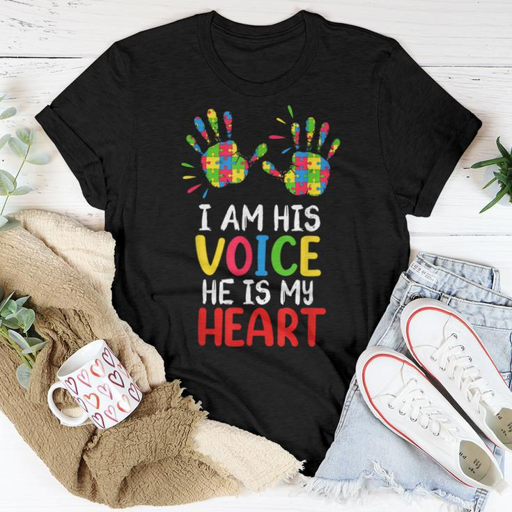 Autism Awareness Mom Dad I Am His Voice Hes My Heart Women T-shirt Unique Gifts