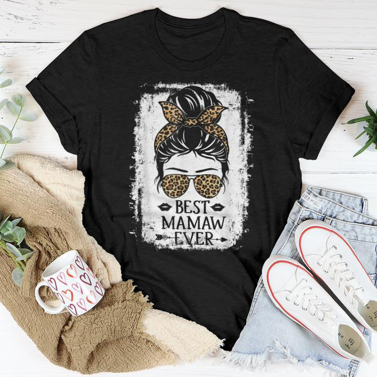 Best Mamaw Ever Women Messy Bun Leopard Decor Grandma Women T-shirt Funny Gifts