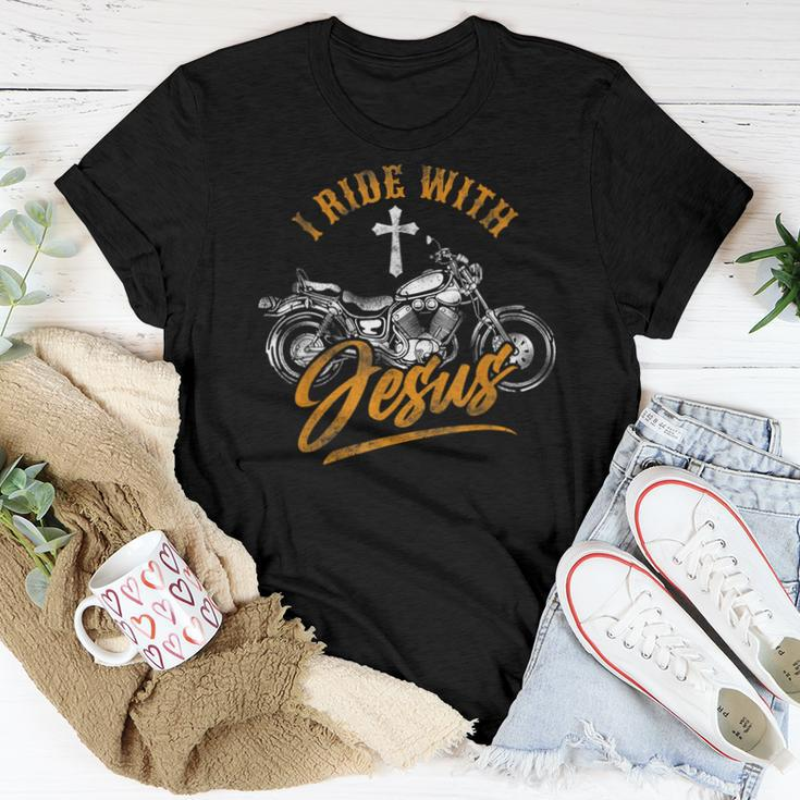Christian Motorcycle Biker I Ride With Jesus Faith Women T-shirt Unique Gifts