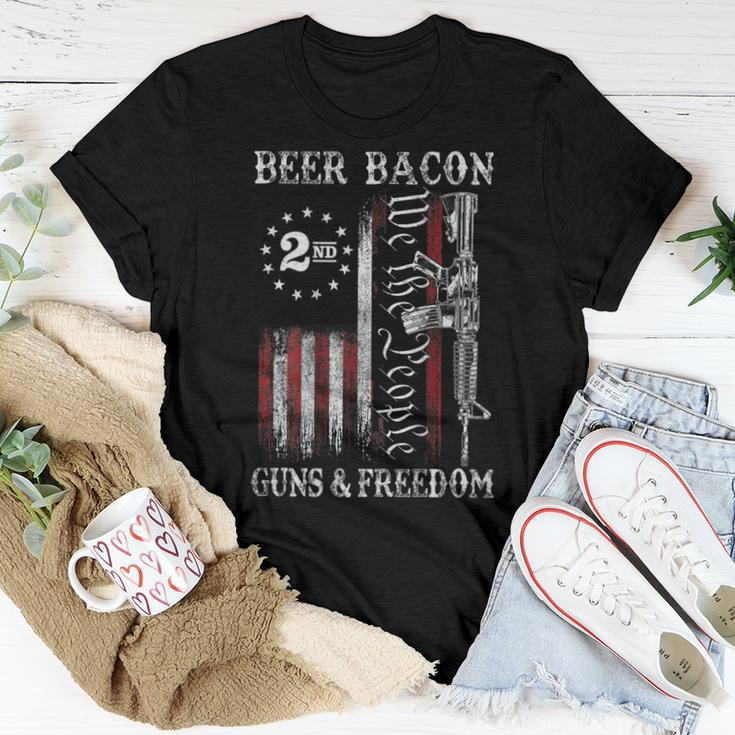 Dad Grandpa Us Flag Beer Bacon Guns Freedom On Back Women T-shirt Unique Gifts