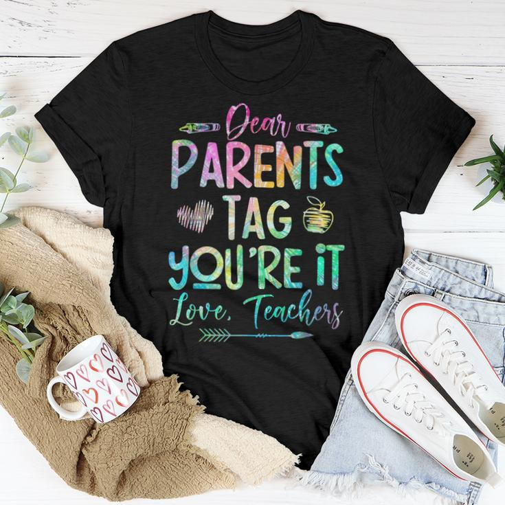 Dear Parents Tag Youre It Love Teacher Tie Dye Funny Teacher Women Crewneck Short T-shirt Personalized Gifts