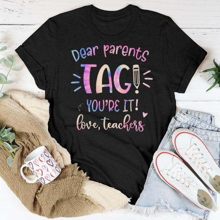 Dear Parents Tag Youre It Love Teacher Groovy Teacher Women T-shirt Unique Gifts