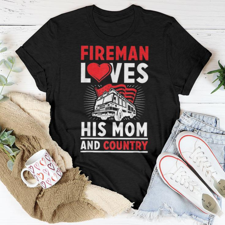 Fireman Loves His Mom And Country Mothers Day Firefighter Women T-shirt Funny Gifts