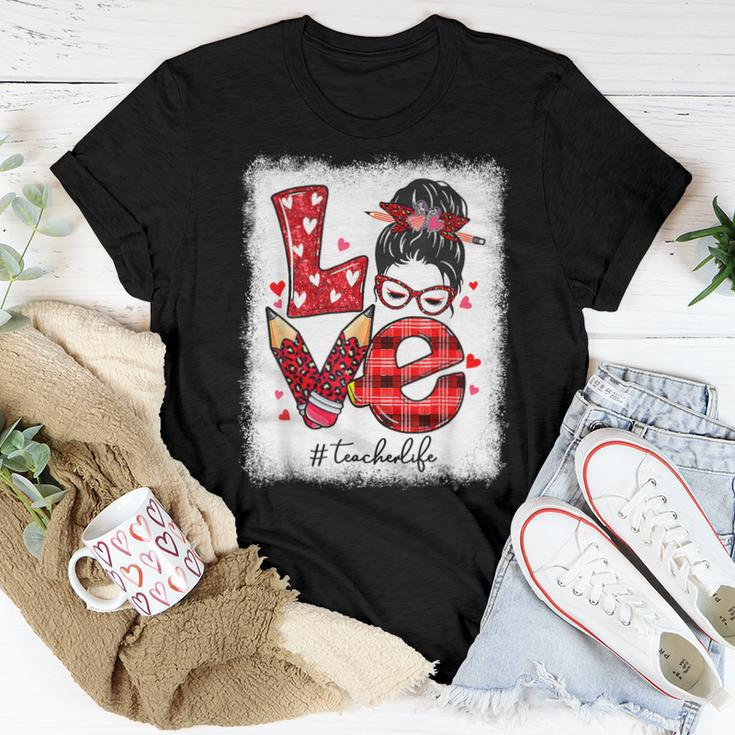 Funny Love Messy Bun Teacher Life Valentines Day Matching Women T-shirt Funny Gifts