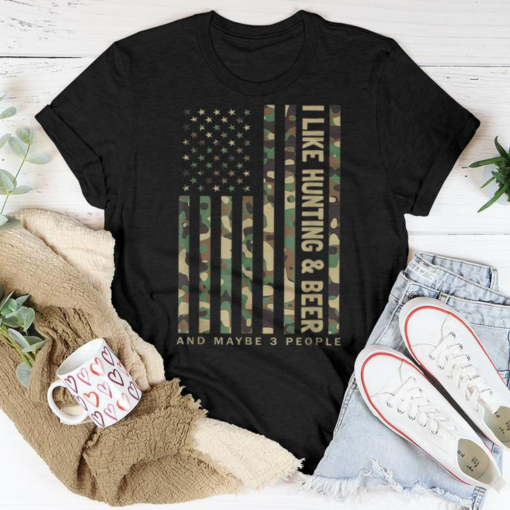 I Like Hunting & Beer And Maybe 3 People Camouflage Us Flag Women T-shirt Funny Gifts
