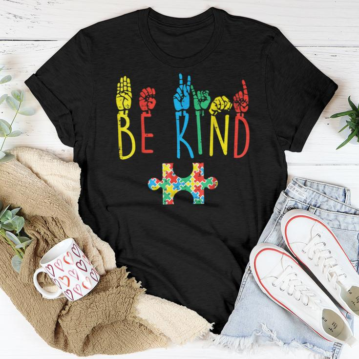 Be Kind Hand Sign Language Puzzle Autism Awareness Asl Mom Women T-shirt Unique Gifts