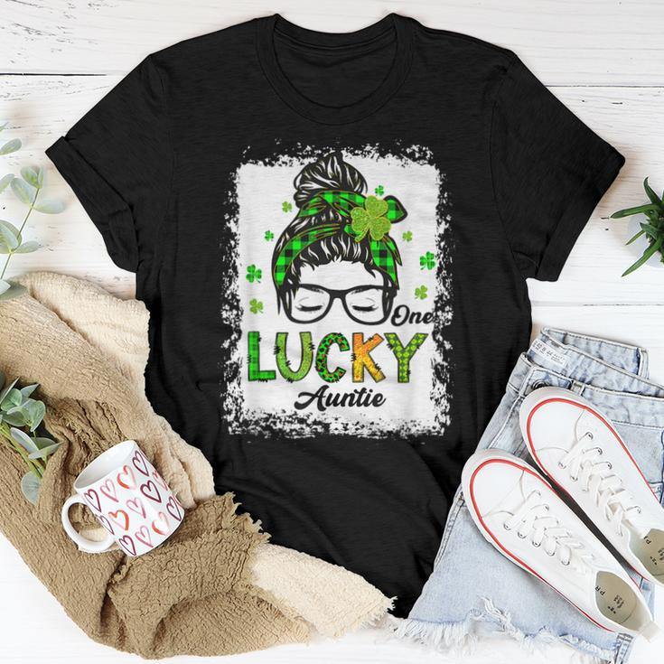 One Lucky Auntie Messy Bun Shamrock St Patricks Day Women T-shirt Personalized Gifts