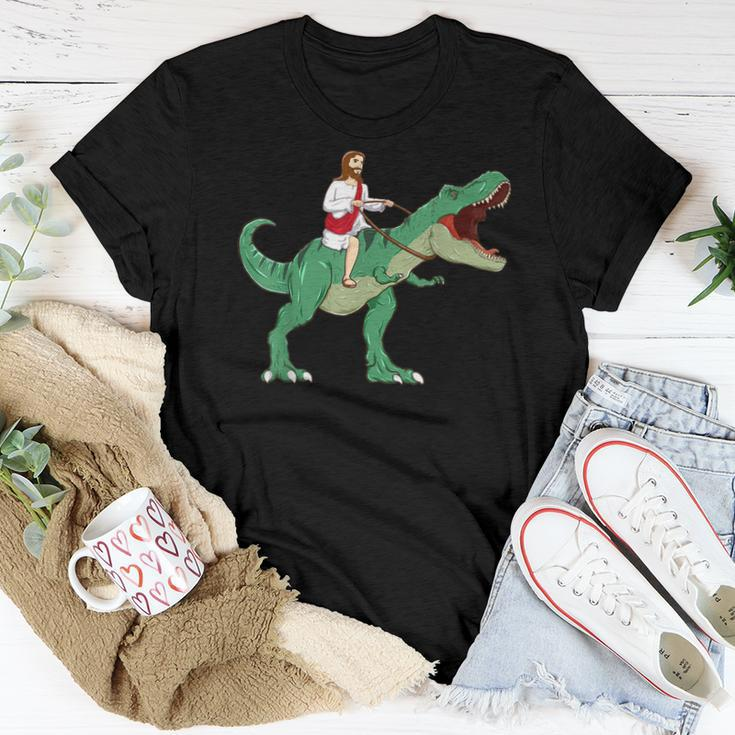 Parody Jesus Riding Dinosaur Meme Dino Lover Believer Women T-shirt Unique Gifts