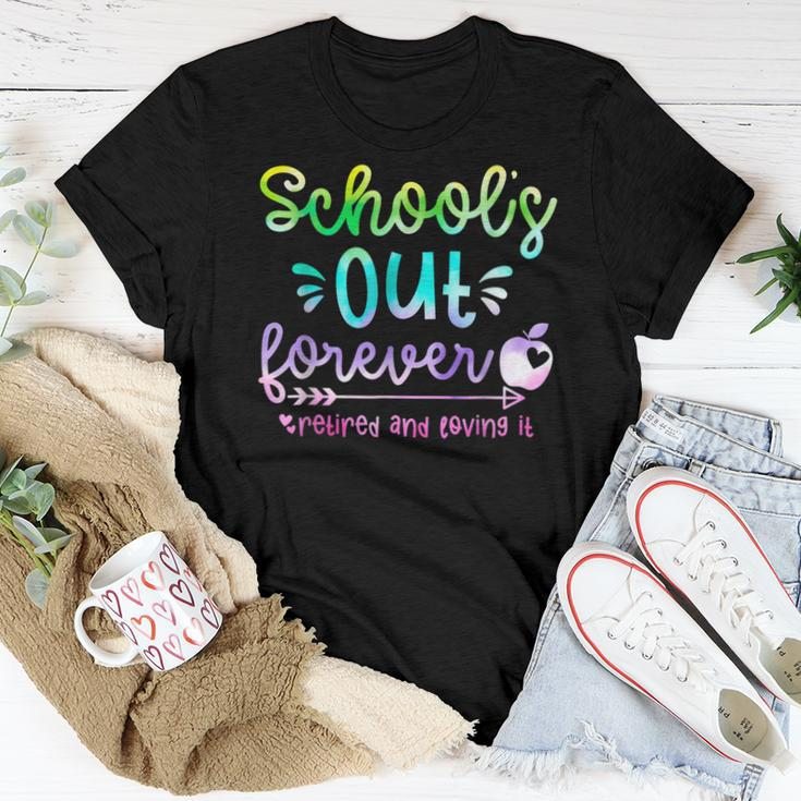 Schools Out Forever Retired & Loving It Funny Teacher Summer Women Crewneck Short T-shirt Personalized Gifts