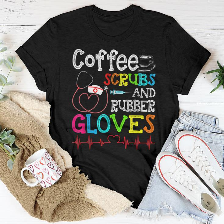 Valentines Day Nursing Coffee Scrubs And Rubber Gloves Nurse Women T-shirt Funny Gifts