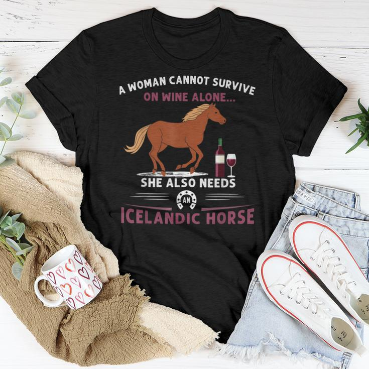 Woman Cannot Survive On Wine Alone Needs An Icelandic Horse Women T-shirt Unique Gifts
