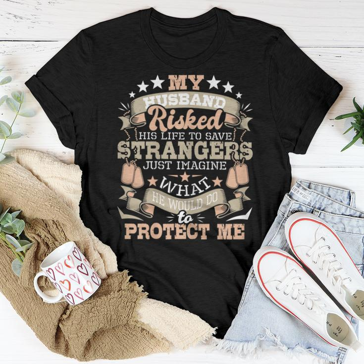 Womens My Husband Risked His Life - Us Army Veteran Wife Women T-shirt Funny Gifts