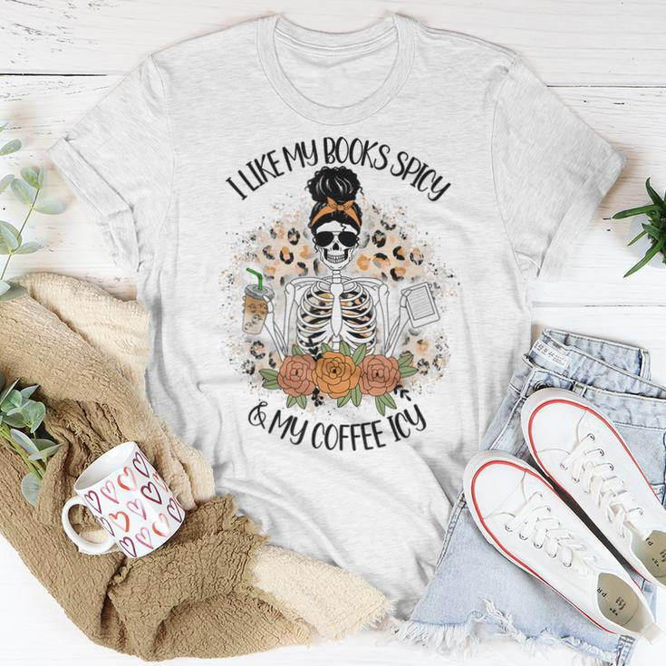 I Like My Books Spicy And My Coffee Icy Women Skeleton Women T-shirt Unique Gifts