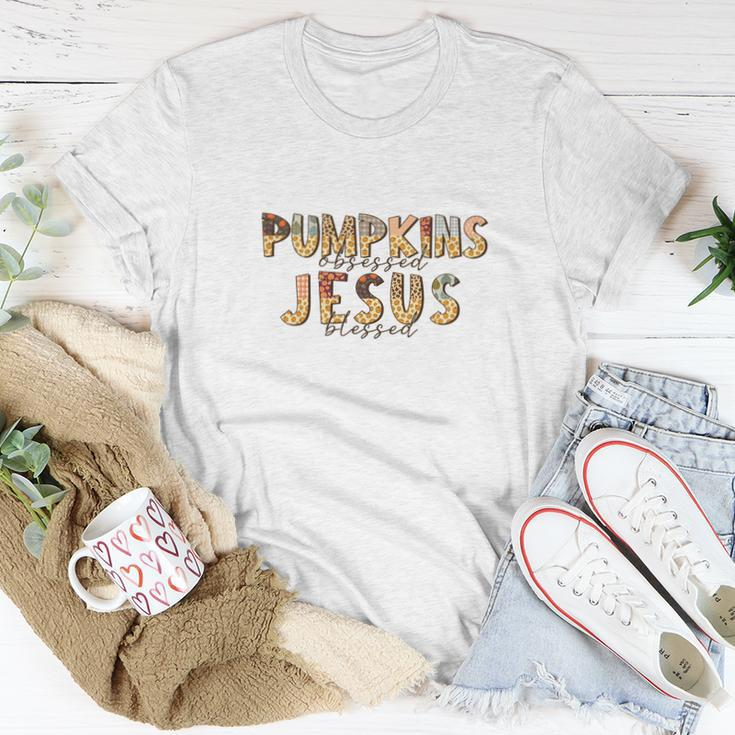 Fall Pumpkin Obsessed And Jesus Blessed Christian Autumn Women T-shirt Personalized Gifts