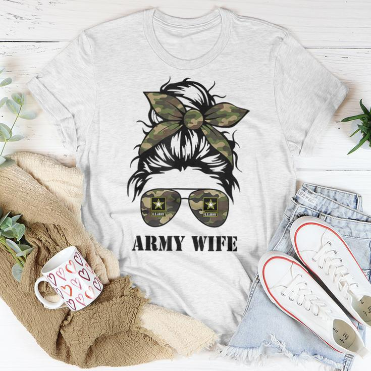Proud Army Wife Messy Bun Hair Camouflage Bandana Sunglasses Women T-shirt Unique Gifts