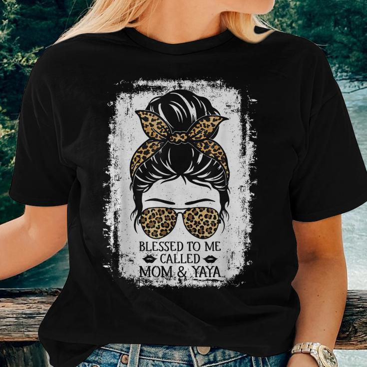 Blessed To Be Called Mom & Yaya Messy Bun Leopard Grandma Women T-shirt Gifts for Her