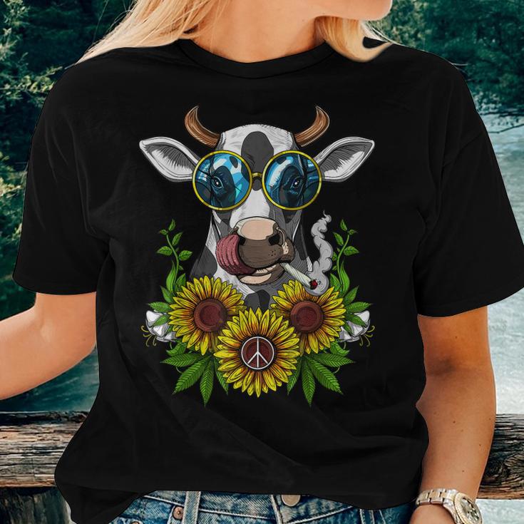 Cow Hippie Smoking Weed Stoner Sunflowers Cannabis Marijuana Women T ...