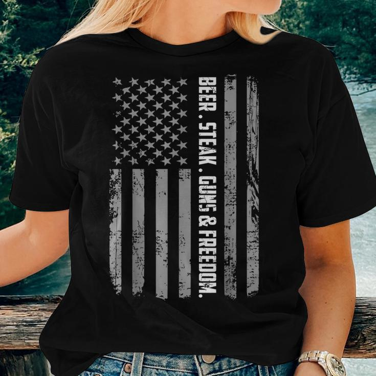 Dad Grandpa Veteran Us Flag Beer Steak Guns Freedom Women T-shirt Gifts for Her