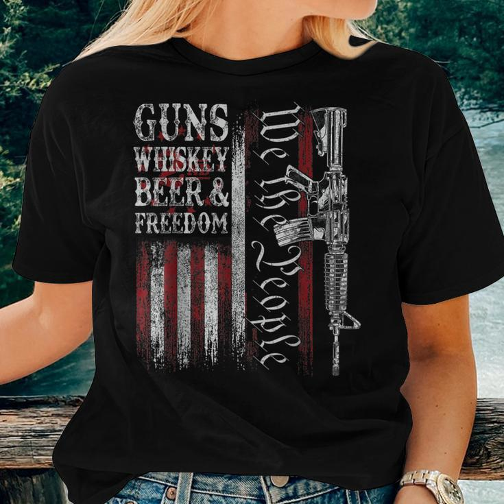 Dad Grandpa Veteran Us Flag Guns Whiskey Beer Freedom Women T-shirt Gifts for Her
