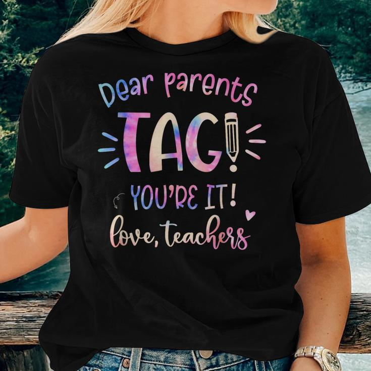 Dear Parents Tag Youre It Love Teacher Groovy Teacher Women T-shirt Gifts for Her