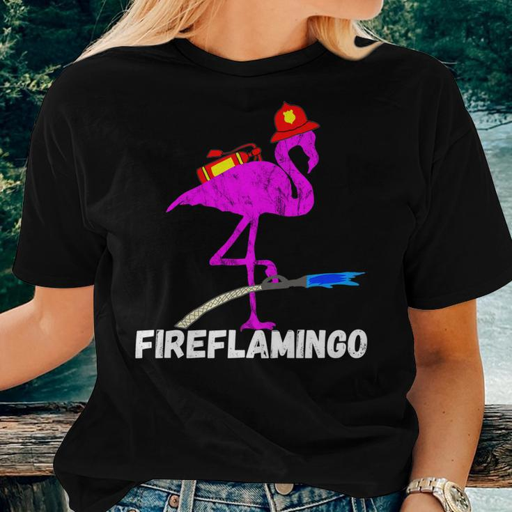 Fire Fighter Flamingo Exotic Bird Funny Firefighter Fireman Women T-shirt Gifts for Her