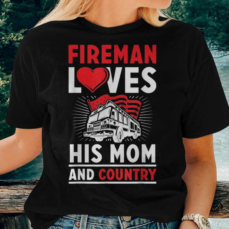 Fireman Loves His Mom And Country Mothers Day Firefighter Women T-shirt Gifts for Her