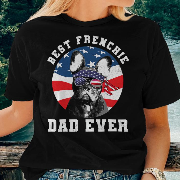 French Bulldog Frenchie Dog Mens Best French Bulldog Dad Ever Dog Lover Usa Flag 373 Frenchies Women T-shirt Casual Daily Crewneck Short Sleeve Graphic Basic Unisex Tee Gifts for Her