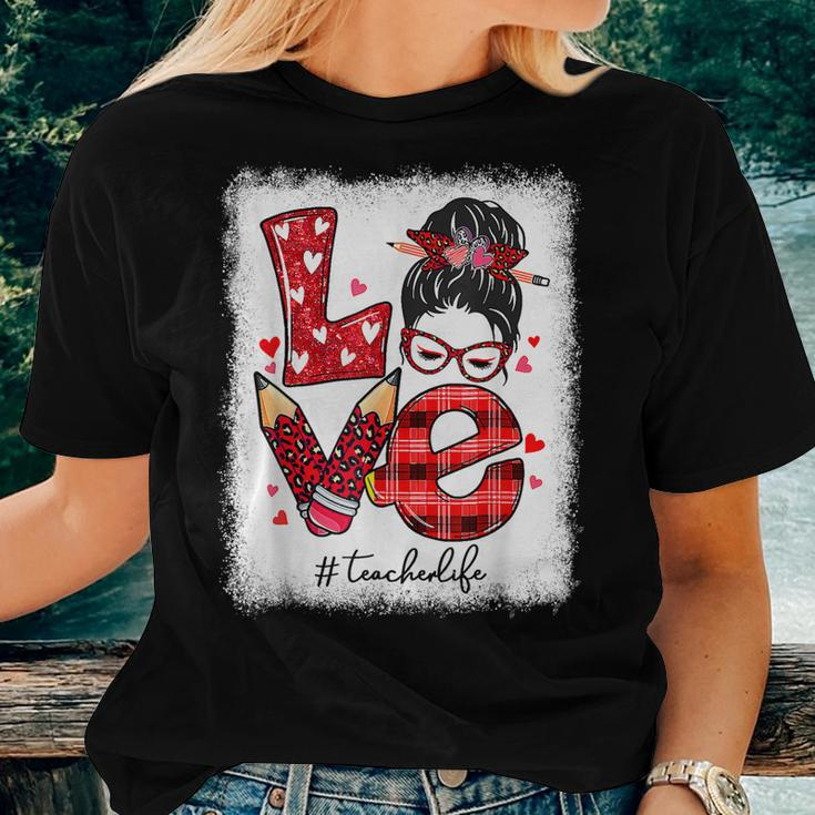 Funny Love Messy Bun Teacher Life Valentines Day Matching Women T-shirt Gifts for Her