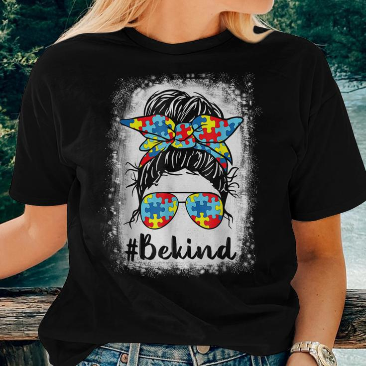 Be Kind Autism Awareness Messy Bun Mom Girl Teacher Women T-shirt Gifts for Her