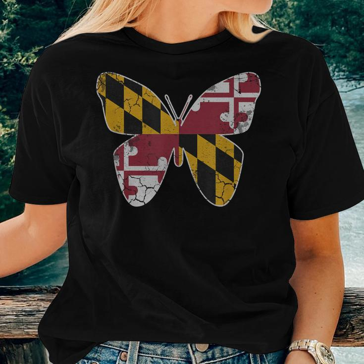 Maryland Flag Butterfly Home State Vintage Distressed Women T-shirt Gifts for Her