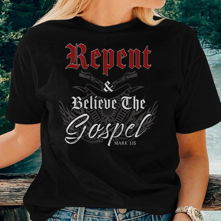 Repent & Believe – Motorcycle Christian Faith Gospel Biker Women T-shirt Gifts for Her