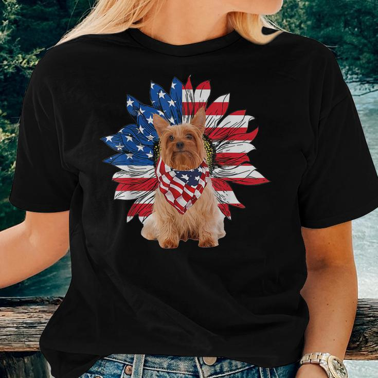 Silky Terrier American Flag Sunflower Dog Lovers 4Th Of July Women T-shirt Gifts for Her