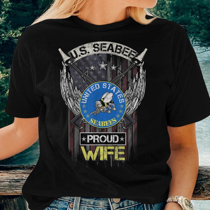 Vintage Usa American Flag Us Seabee Proud Veteran Wife Funny Women T-shirt Gifts for Her