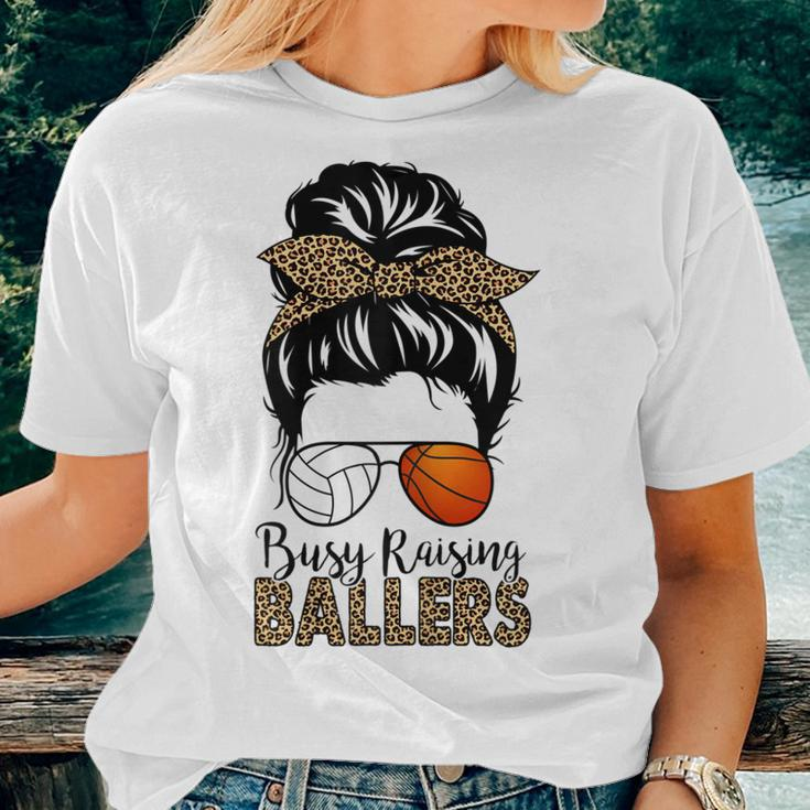 Busy Raising Ballers Basketball And Volleyball Mom Messy Bun Women T-shirt Gifts for Her