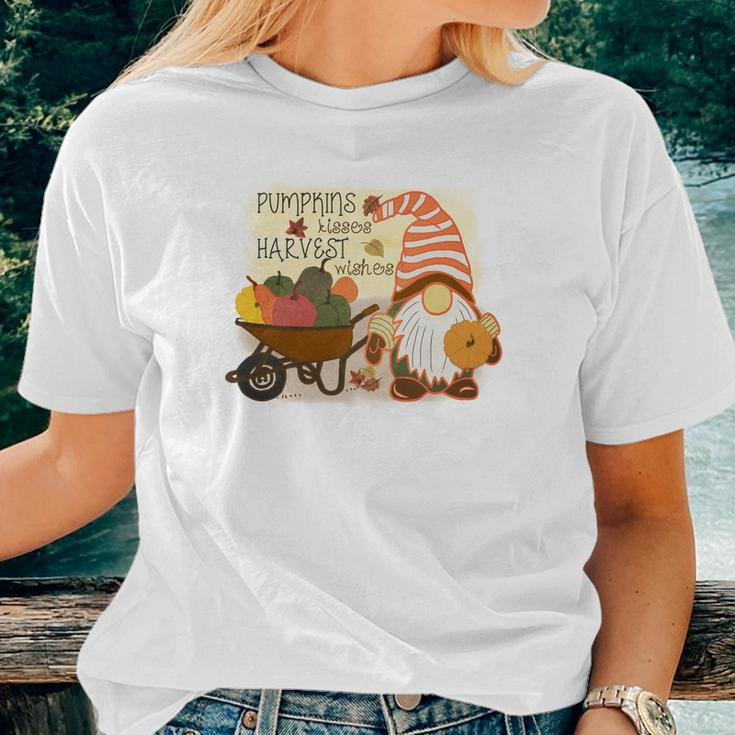 Fall Gnomes Pumpkin Kisses And Harvest Wishes Women T-shirt Gifts for Her