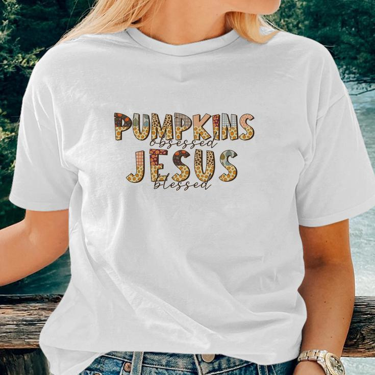 Fall Pumpkin Obsessed And Jesus Blessed Christian Autumn Women T-shirt Gifts for Her