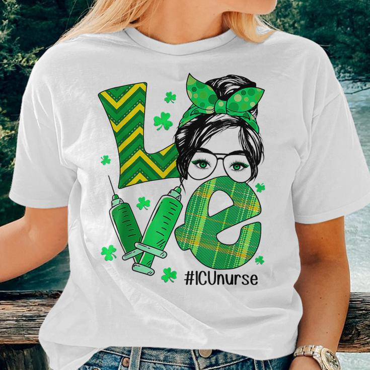 Funny Icu Nurse St Patricks Day Love Nurse Life Messy Bun Women T-shirt Gifts for Her