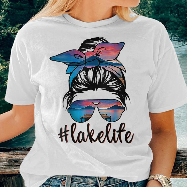 Womens Lake Life Messy Bun Hair Girl Sunglasses Retro Lake Summer Women T-shirt Gifts for Her