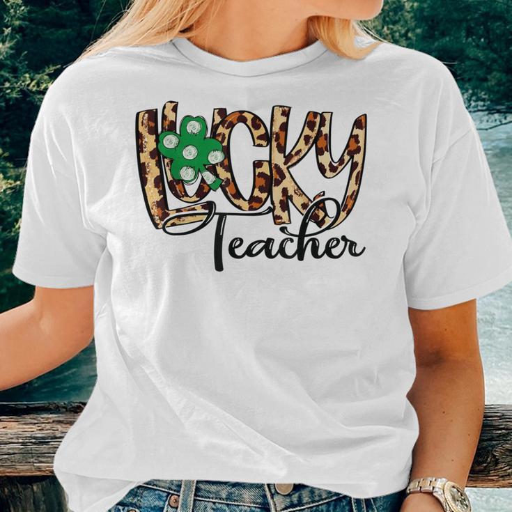 One Lucky Teacher Shamrock Clover Leopard St Patricks Day Women T-shirt Gifts for Her
