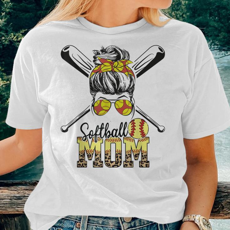 Softball Mom Messy Bun Leopard Softball 2023 Women T-shirt Gifts for Her