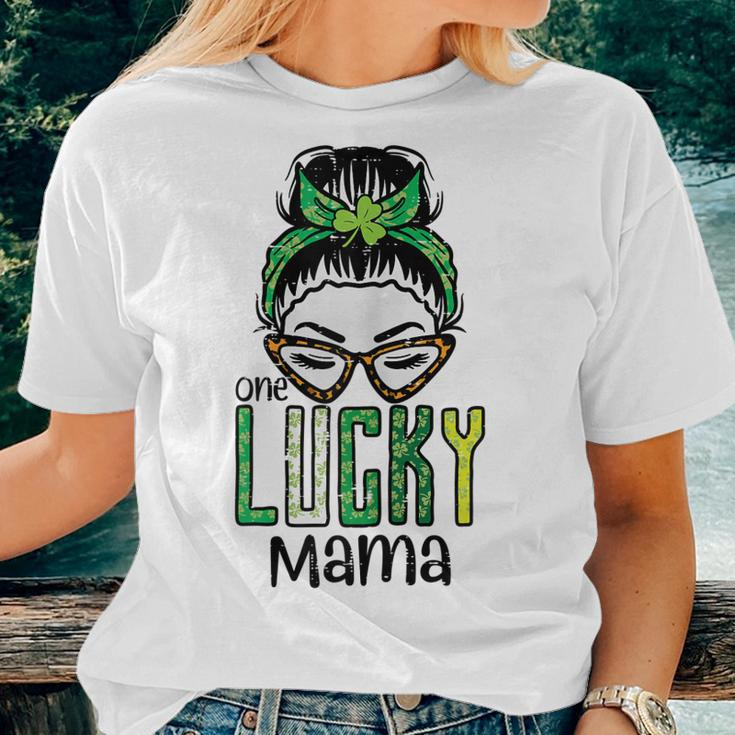 Womens St Patricks Day Messy Bun Lucky Mama Saint Paddys Mom Women Women T-shirt Gifts for Her