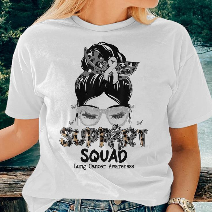 Support Squad Messy Bun Butterfly White Ribbon Lung Cancer Women T-shirt Gifts for Her