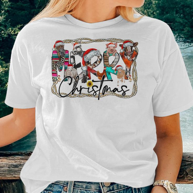 Western Country Farm Animals Cow Merry Christmas Cows Pigs Women T-shirt Gifts for Her