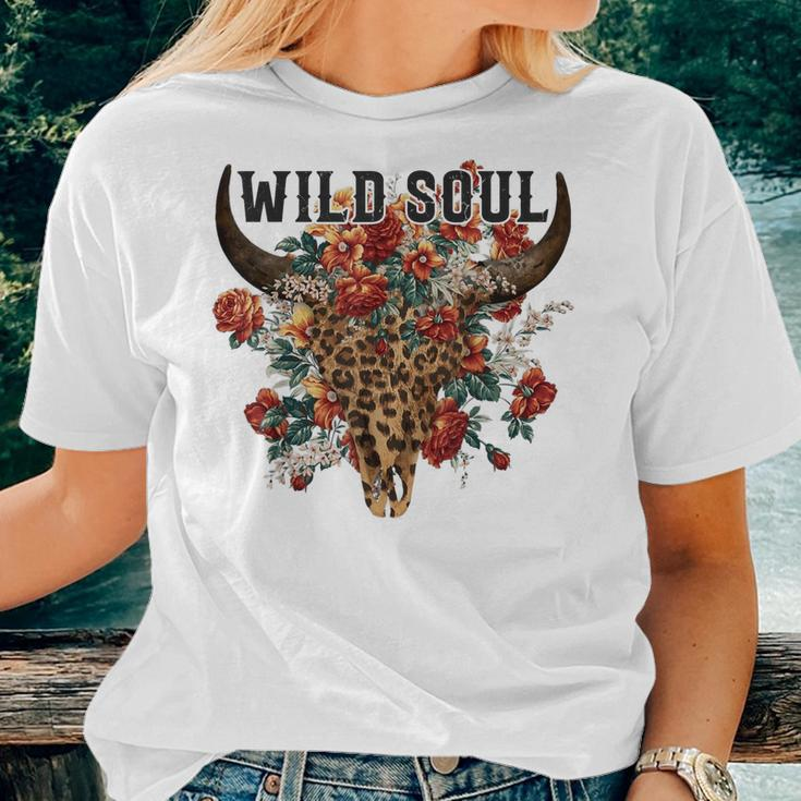 Wild Soul Leopard Cow Skull Bull Skull Flower Western Lover Women T-shirt Gifts for Her